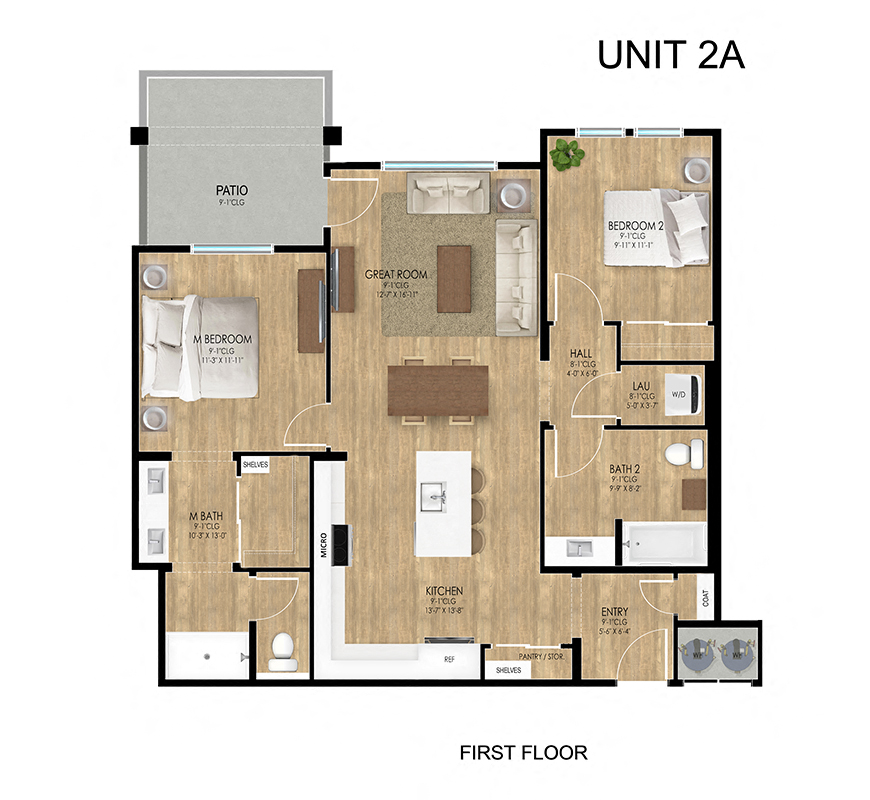 Floor plan for 2 beds, 2 baths, 1053 sqft